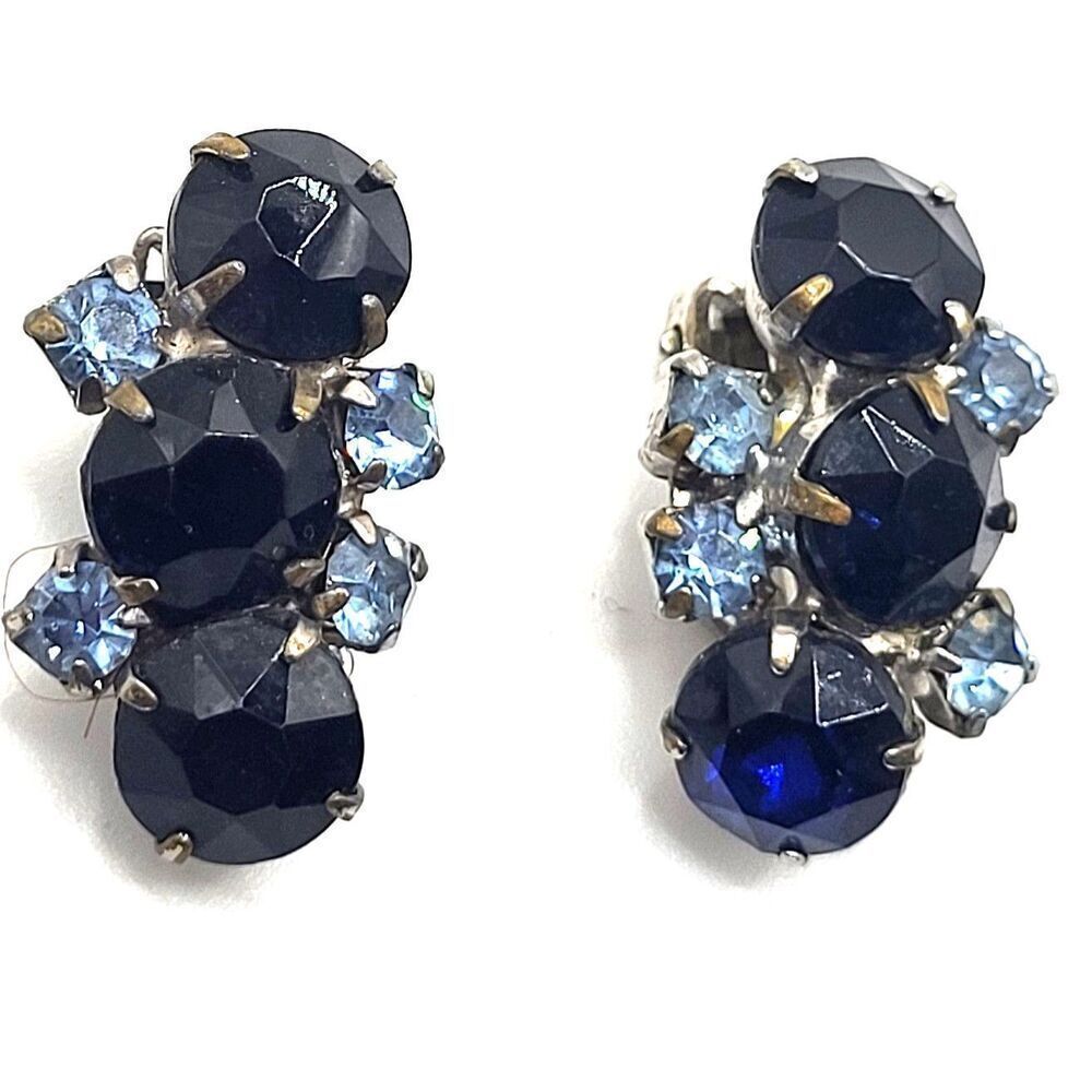 Vintage 50s Clip On Navy Blue Cluster Earrings 1in Mad Men